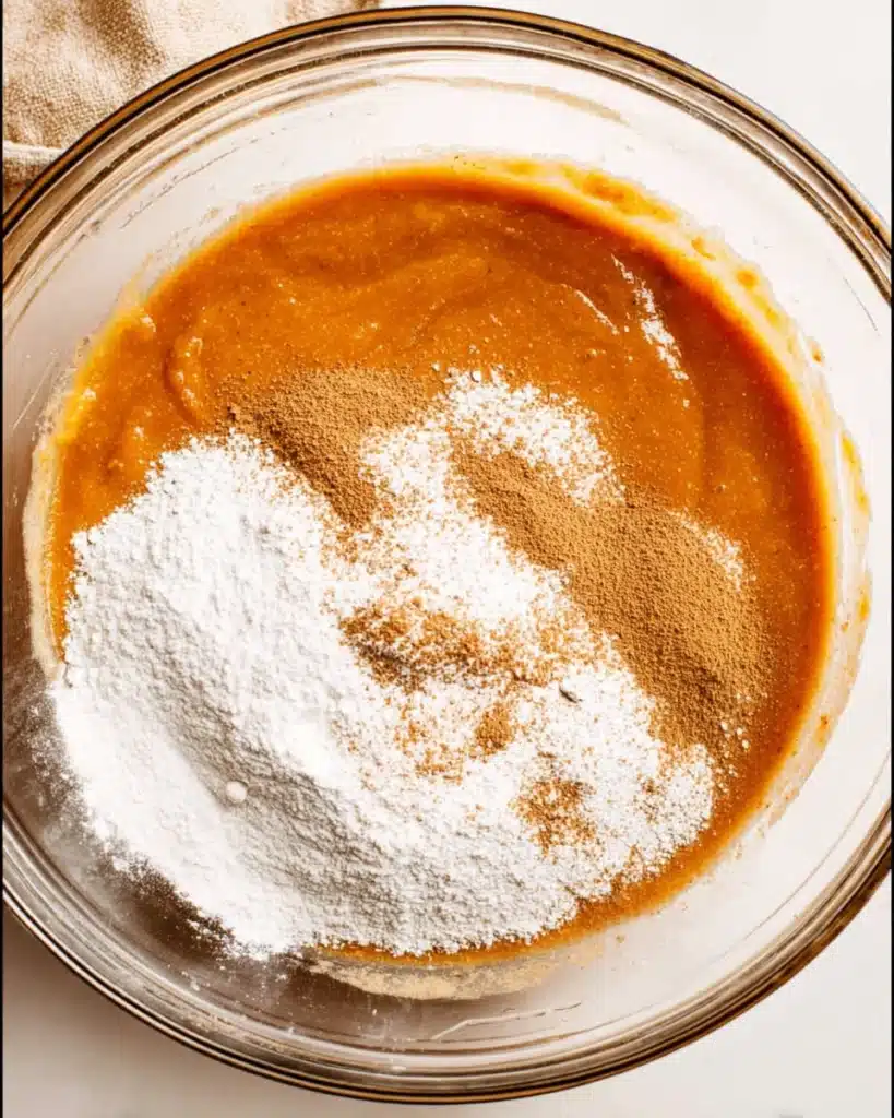 Cinnamon Swirl Pumpkin Bread Recipe 4 Flour and pumpkin spice sifted onto pumpkin bread batter in a bowl
