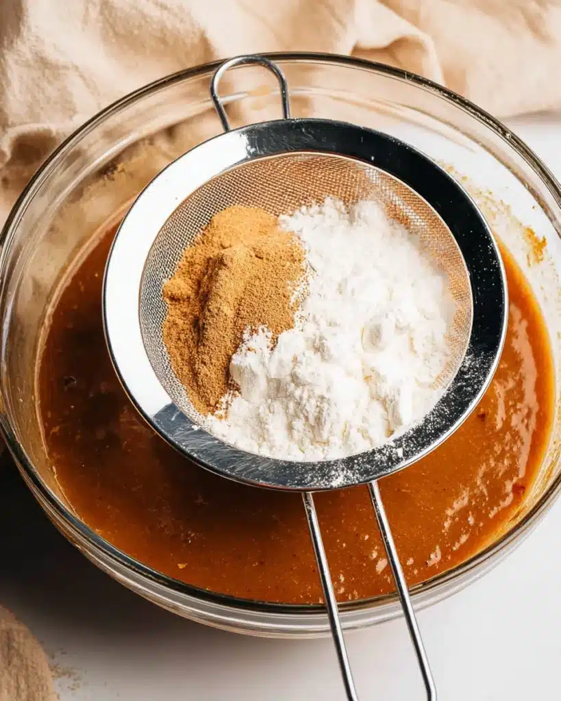 Cinnamon Swirl Pumpkin Bread Recipe 3 Sifting flour and spices into pumpkin bread batter in a glass bowl