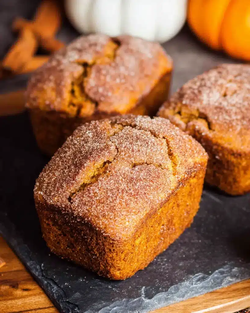 Cinnamon Swirl Pumpkin Bread Recipe 1 Mini cinnamon swirl pumpkin bread loaves with sugar topping on a dark board