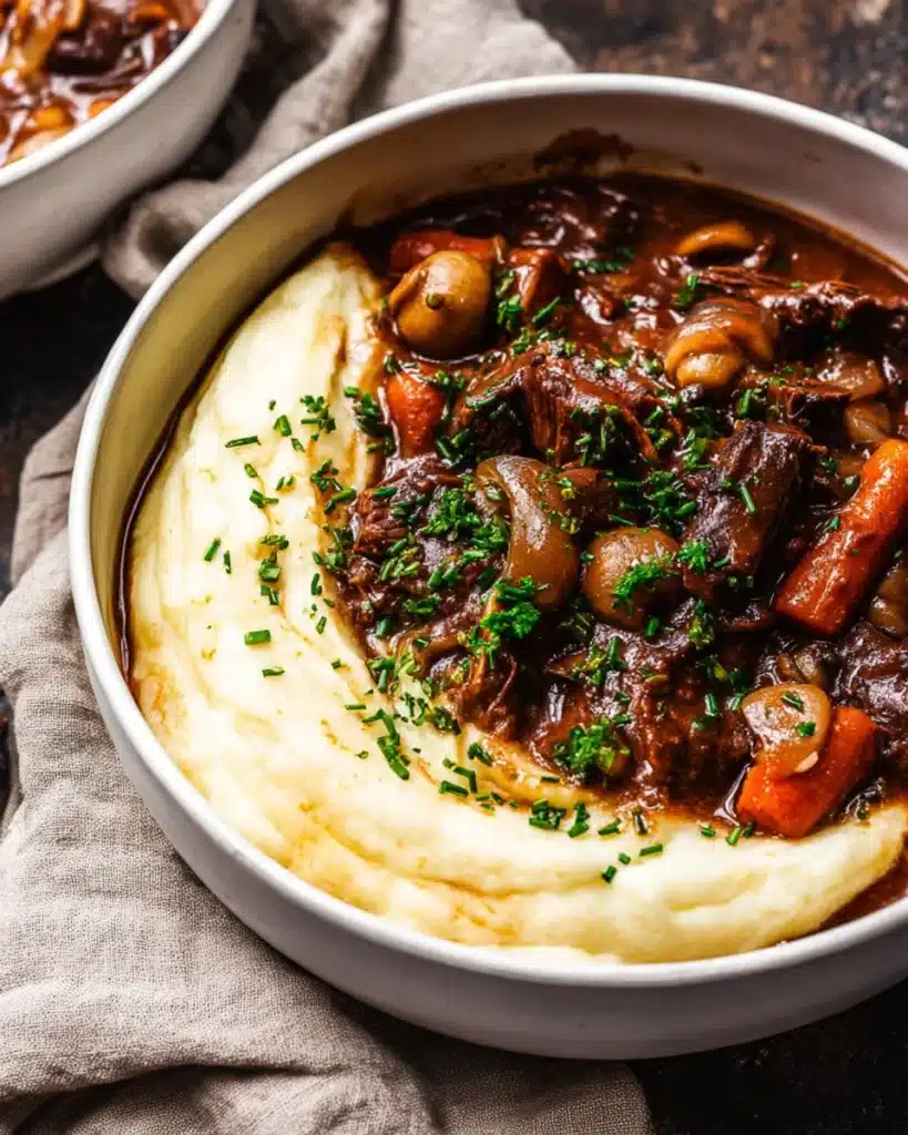 Classic beef bourguignon served with creamy mashed potatoes and chives