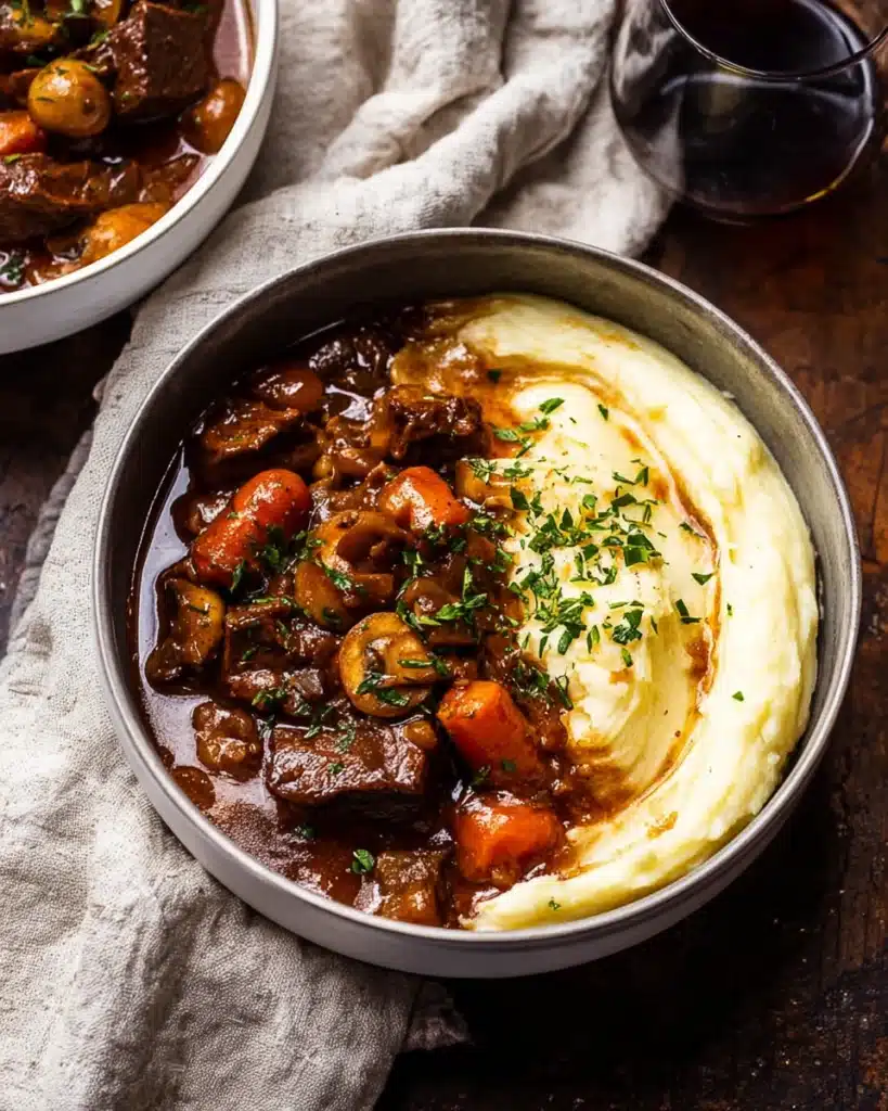 Bowl of beef bourguignon with mashed potatoes and chives