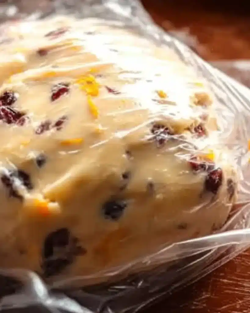 Wrapped cranberry orange cookie dough before chilling