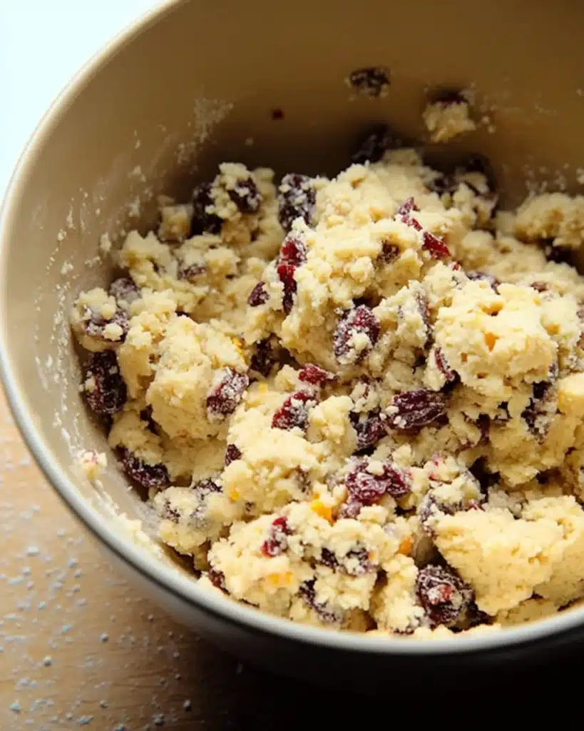 Finished cranberry orange cookie dough in bowl before chilling