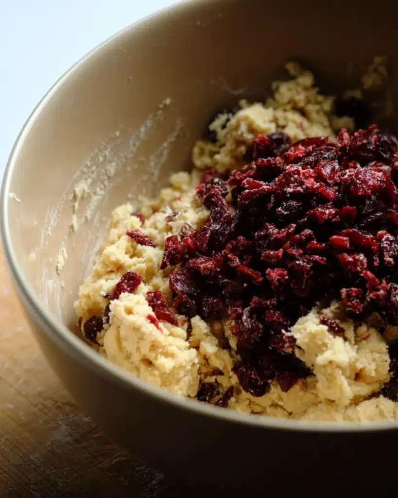 Cookie dough with chopped dried cranberries in mixing bowl for snowball cookies