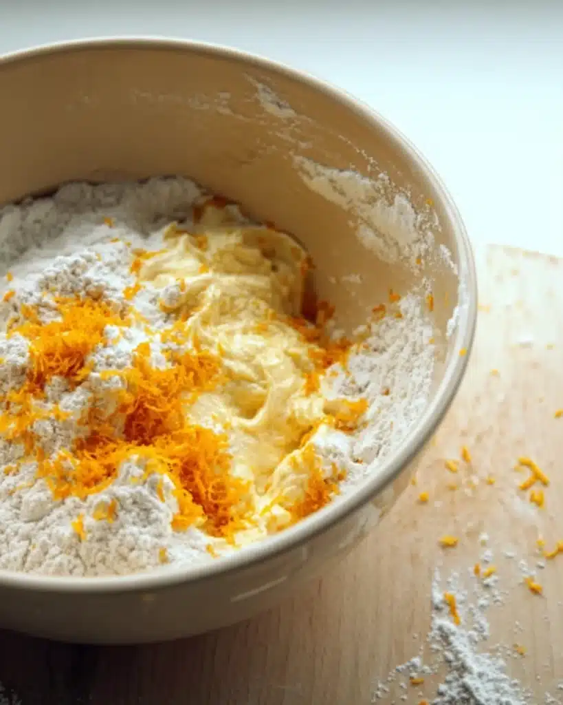 Flour and fresh orange zest added to butter mixture for snowball cookies