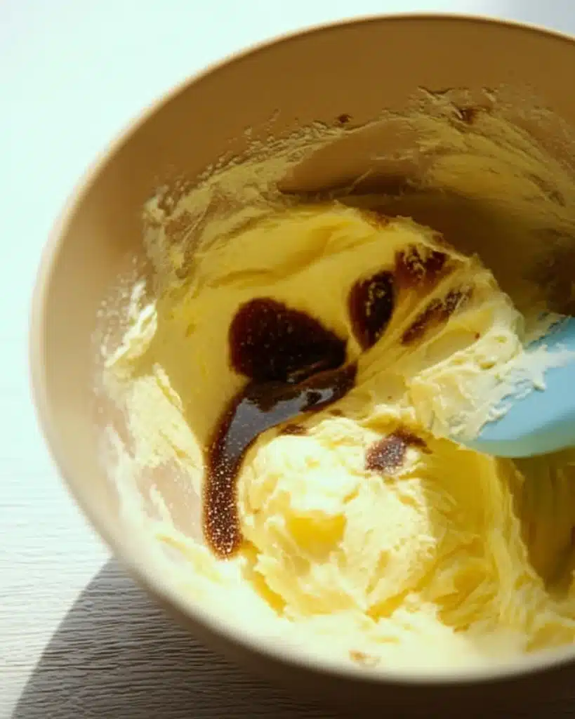 Creamed butter with sugar and vanilla extract in mixing bowl