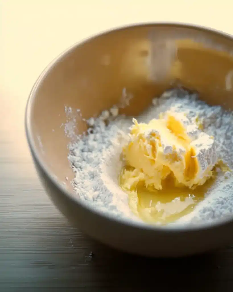 Butter and powdered sugar in bowl for cranberry orange snowball cookies