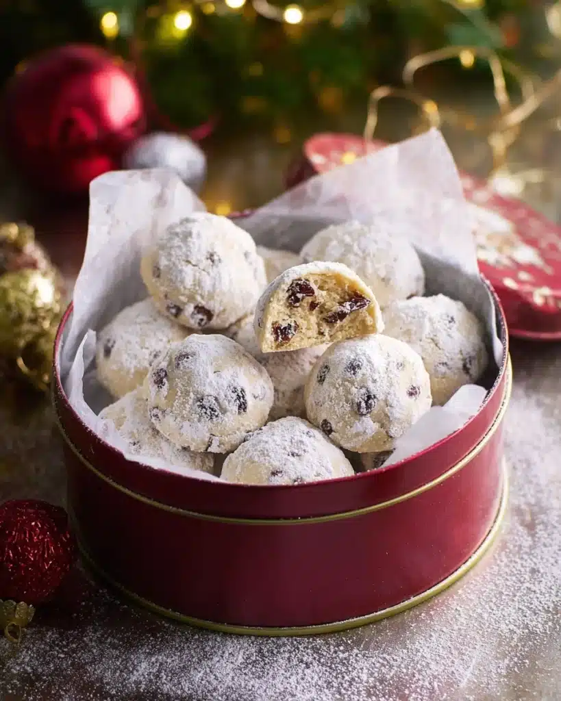 Cranberry orange snowball cookies in a red Christmas tin with powdered sugar