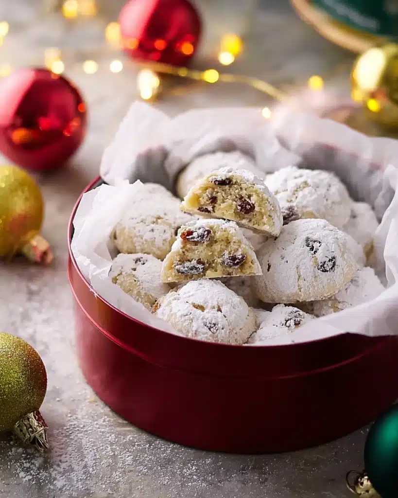 Cranberry orange snowball cookies in festive Christmas tin with powdered sugar