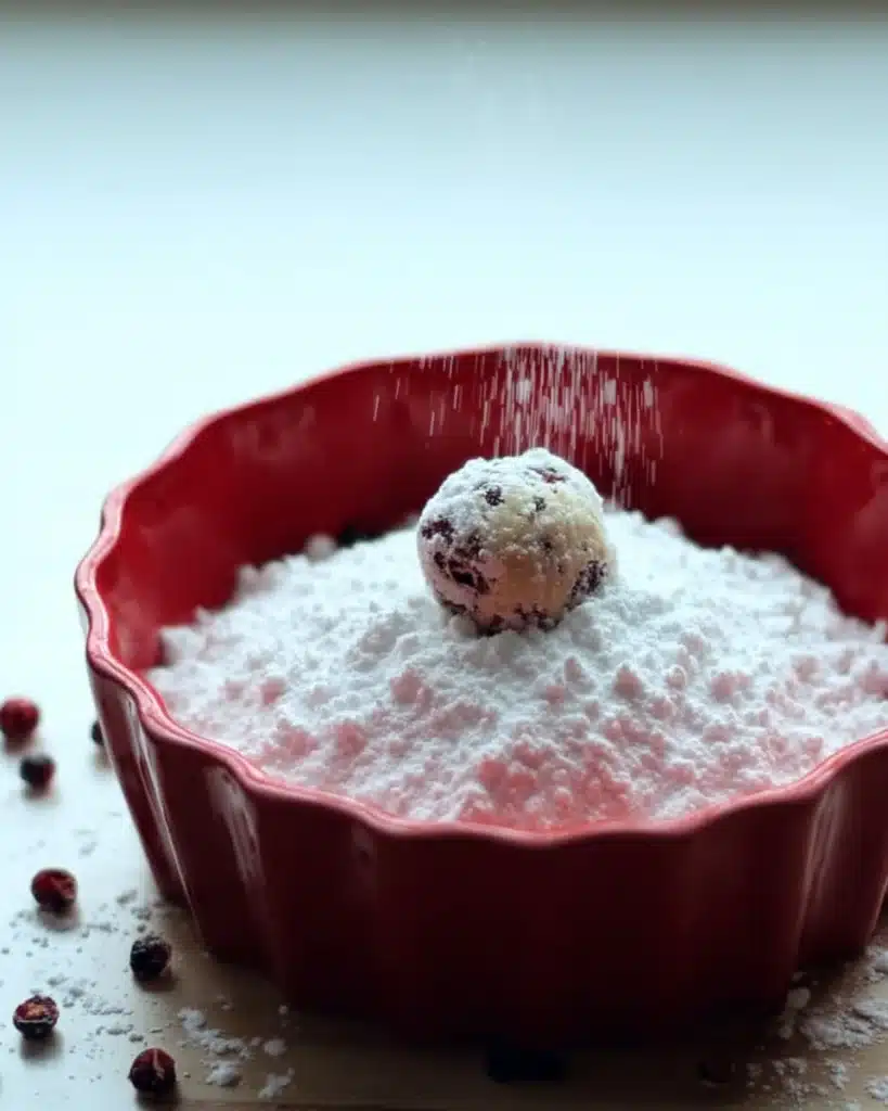 Cranberry orange cookie ball in powdered sugar for snowball cookies
