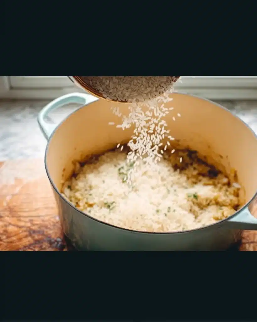 Adding arborio rice to sautéed onions for creamy baked pumpkin risotto