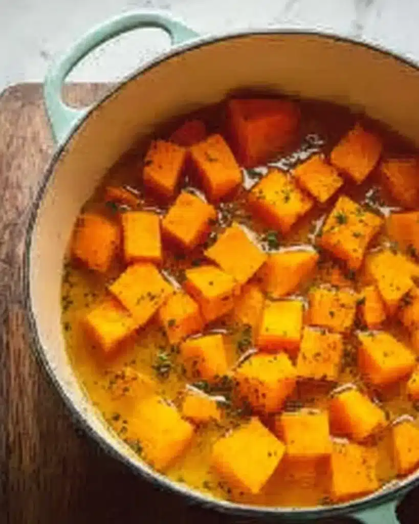 Diced pumpkin simmering in broth for creamy baked pumpkin risotto