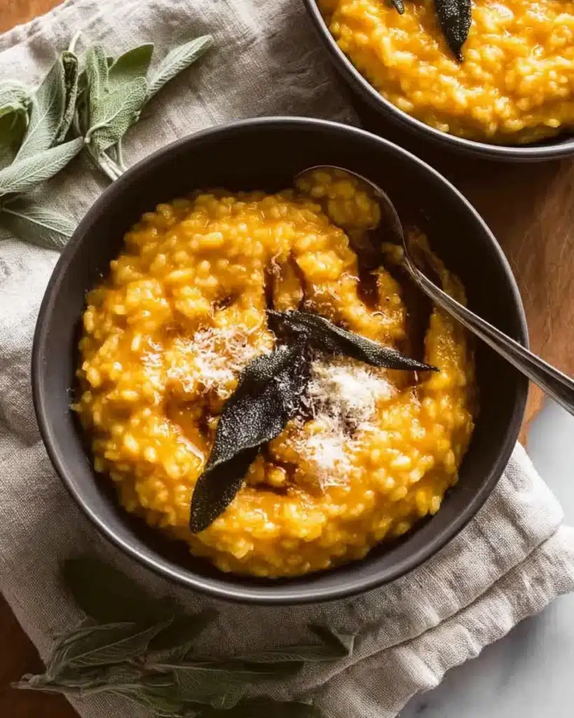 Creamy baked pumpkin risotto in a black bowl with crispy sage and parmesan