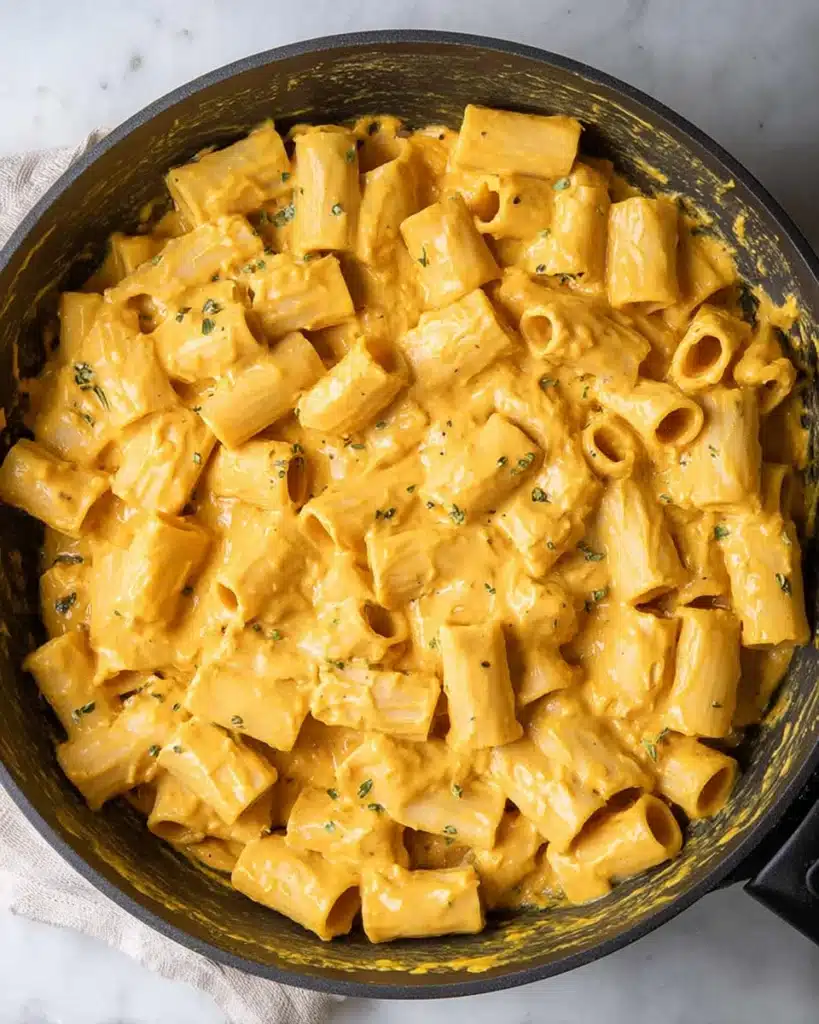 Rigatoni pasta coated in creamy pumpkin sauce in a skillet