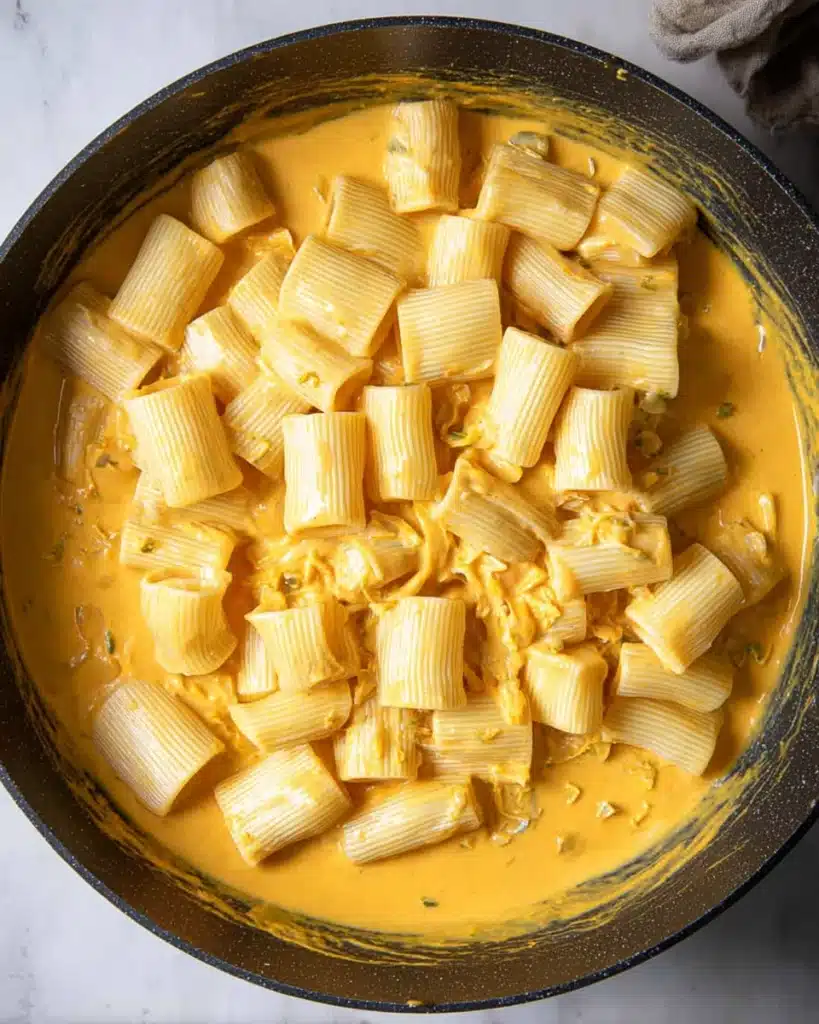 Rigatoni pasta added to skillet of creamy pumpkin sauce