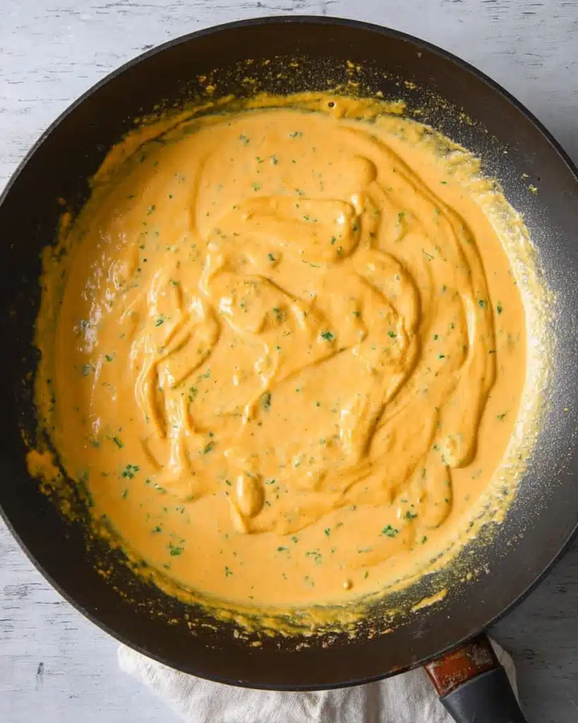 Creamy pumpkin pasta sauce in skillet with smooth texture