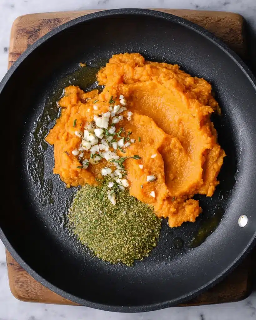 Pumpkin purée combined with garlic, sage, and olive oil in a skillet. The first step to building a rich, creamy pumpkin pasta sauce.