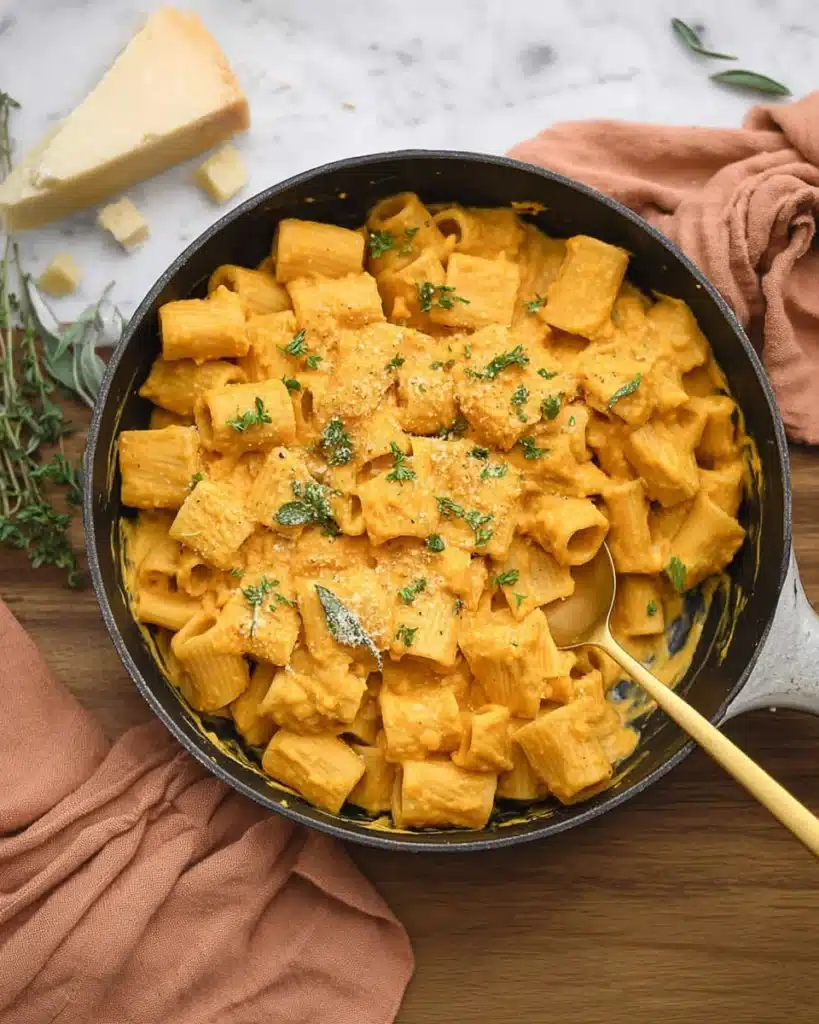 Creamy pumpkin rigatoni pasta with parmesan and parsley in a ceramic bowl