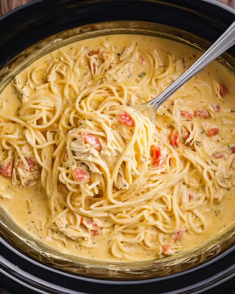 CrockPot Cheesy Chicken Spaghetti Recipe 6 CrockPot Cheesy Chicken Spaghetti with creamy sauce and twirled noodles