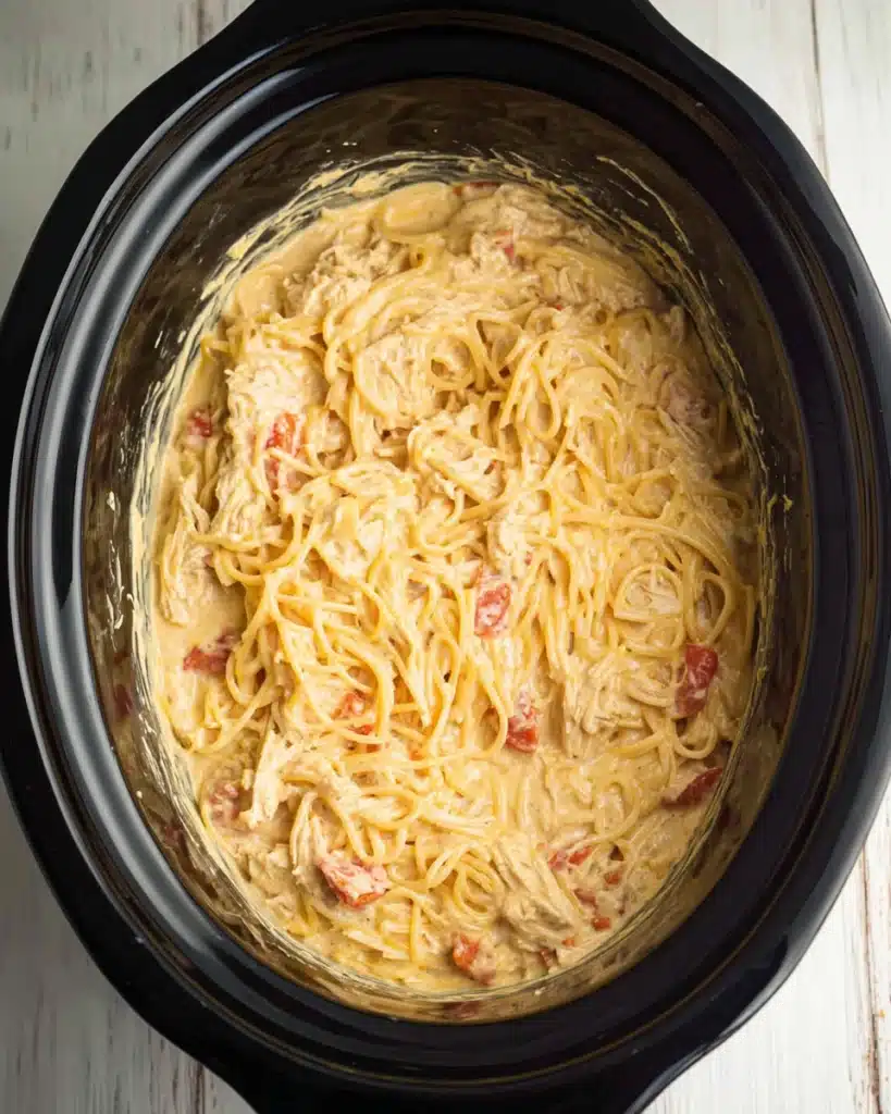 CrockPot Cheesy Chicken Spaghetti Recipe 5 Final CrockPot Cheesy Chicken Spaghetti mixed with creamy sauce and chicken