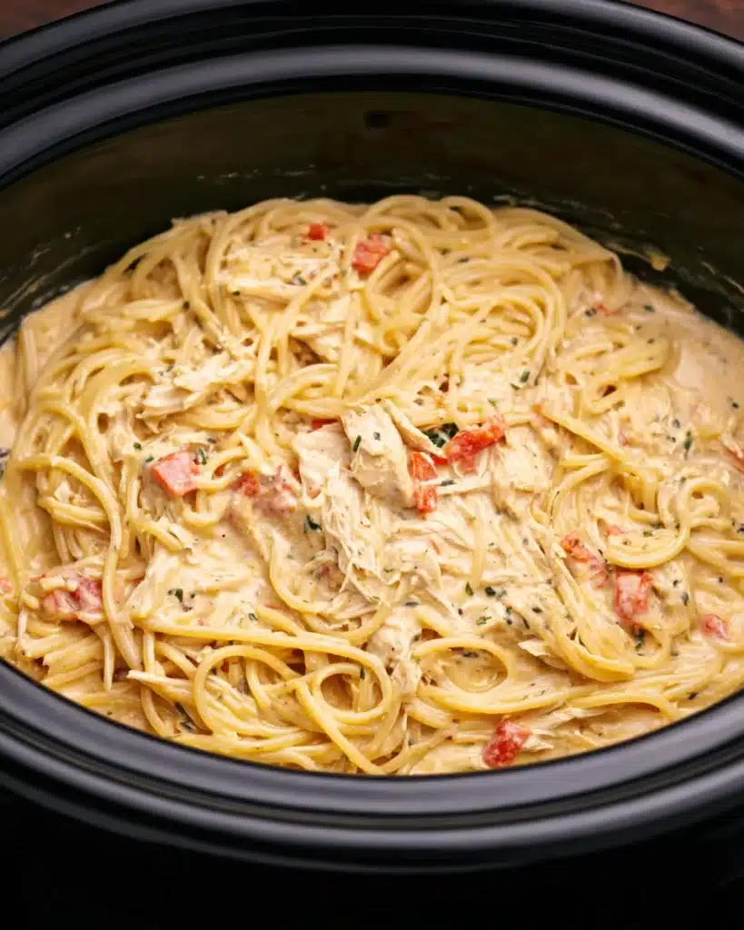 CrockPot Cheesy Chicken Spaghetti Recipe 2 CrockPot Cheesy Chicken Spaghetti in creamy sauce with chicken and tomatoes