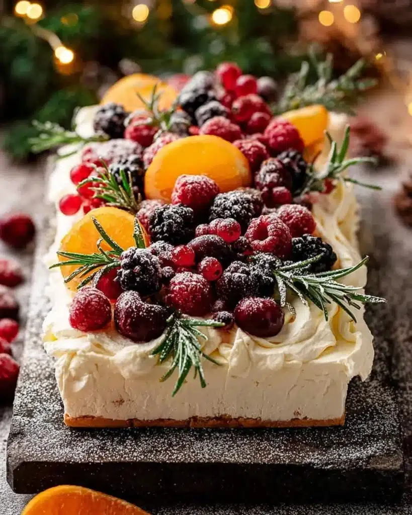 Easy Christmas cheesecake slab with berries, oranges, and rosemary