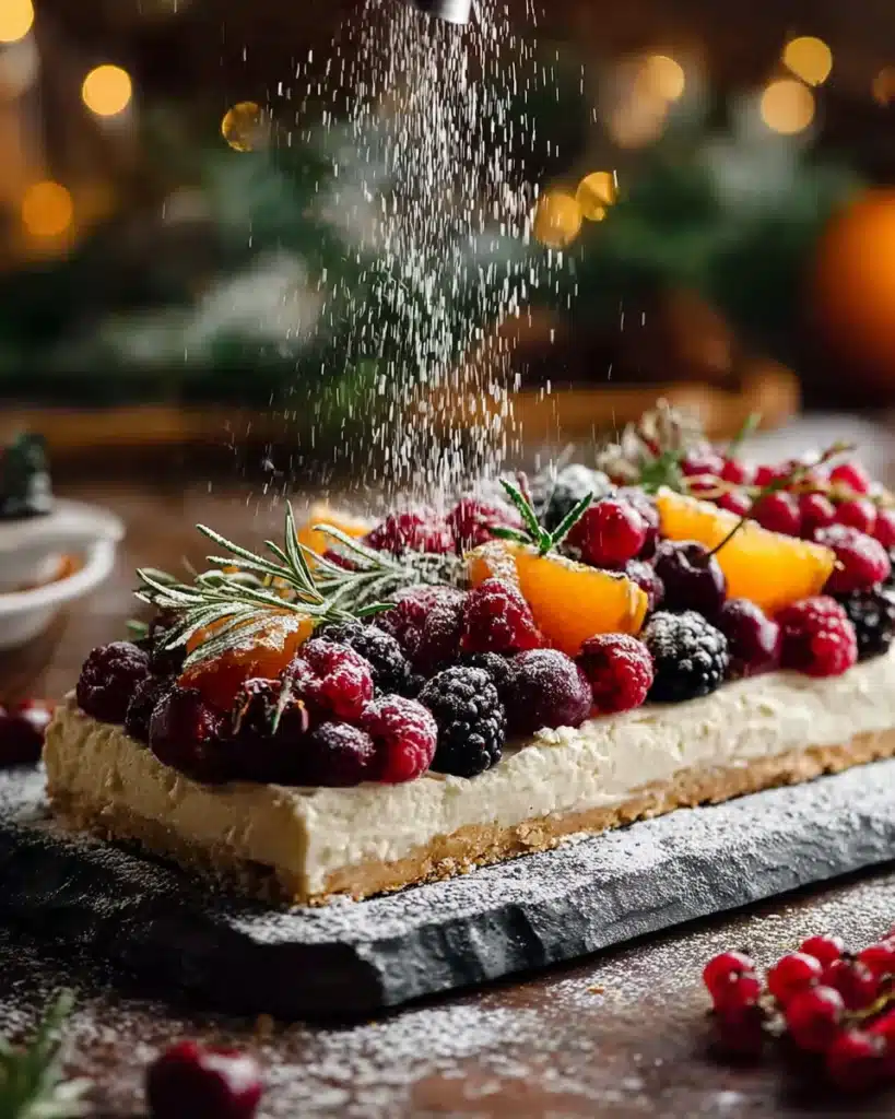 Easy Christmas cheesecake slab with berries and powdered sugar topping