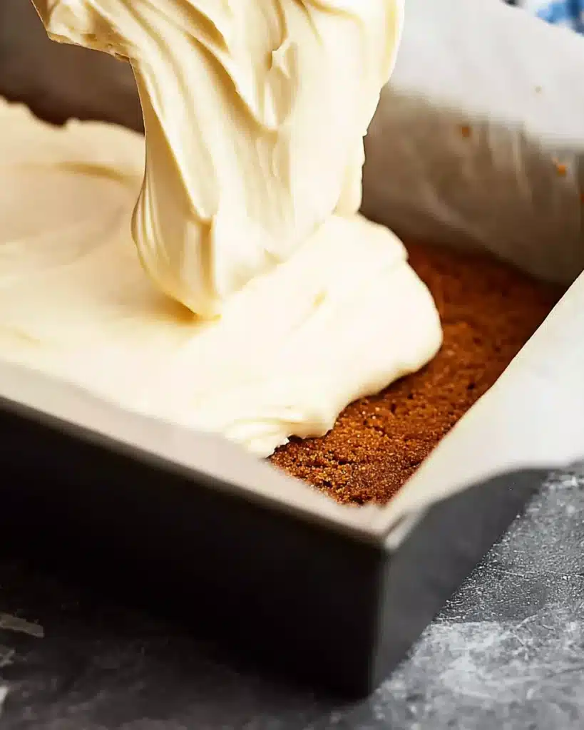 Cheesecake filling spread over spiced biscuit crust in pan