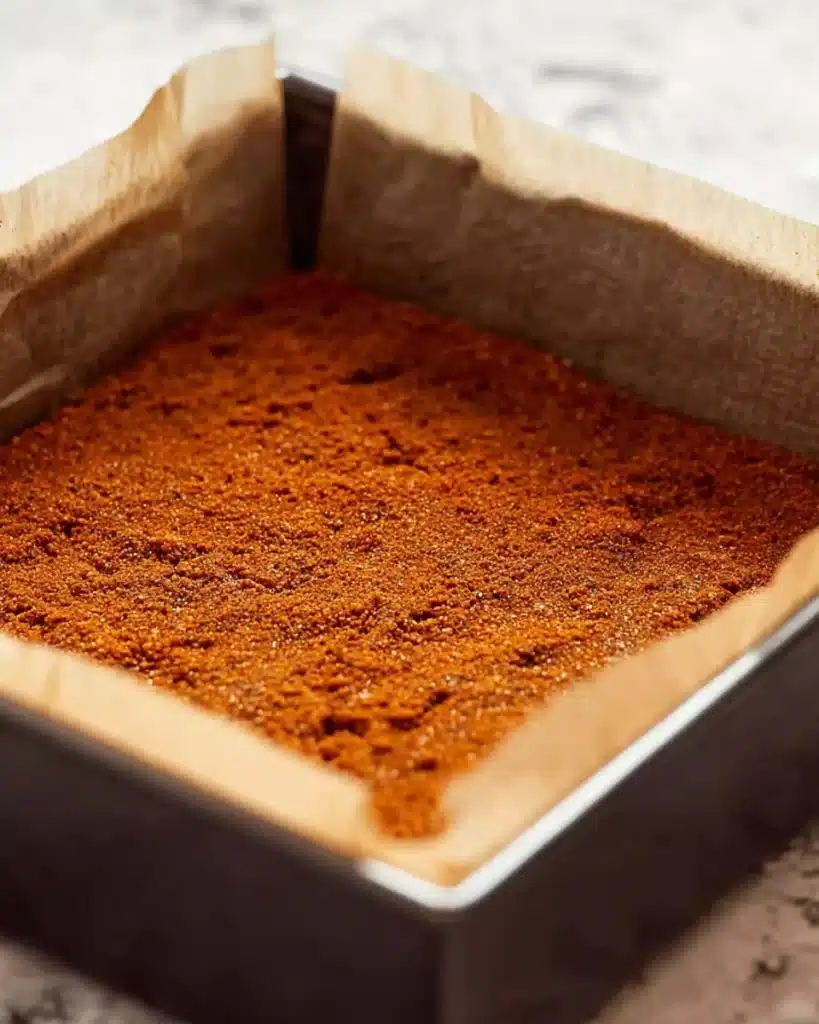 Biscoff cheesecake crust pressed in a lined baking pan
