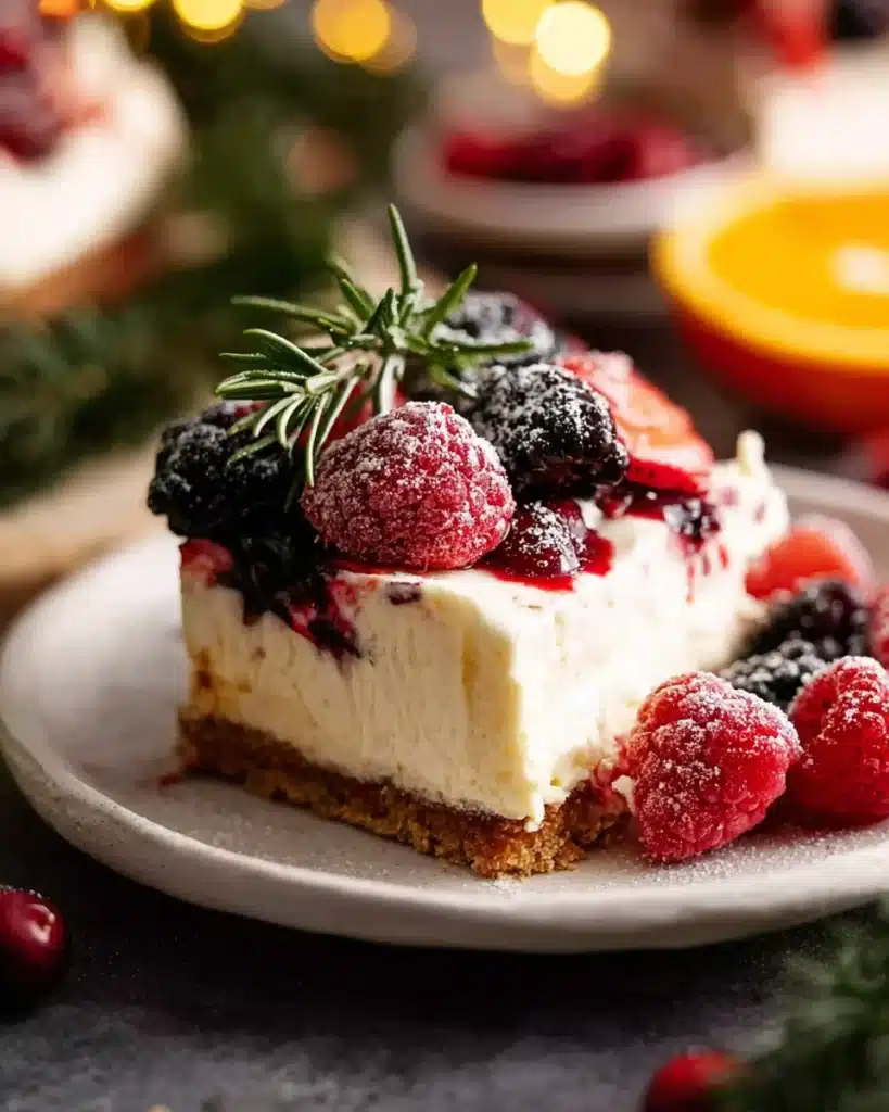 Easy Christmas cheesecake slab slice with berries and rosemary