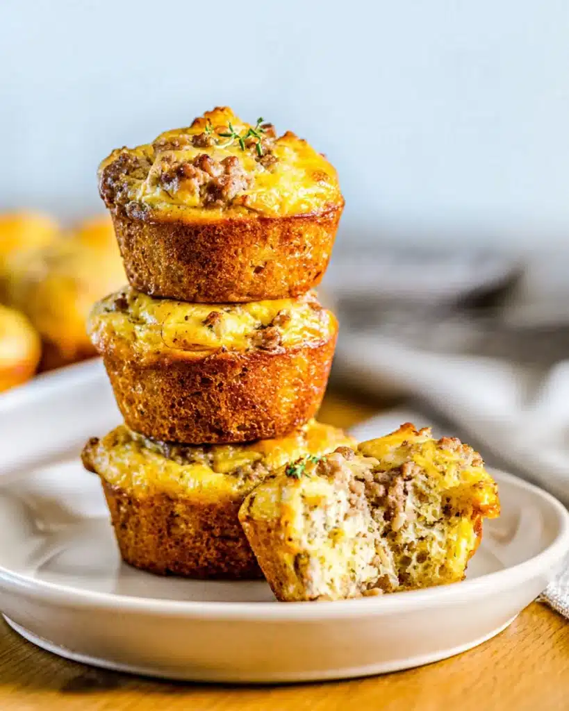Easy Sausage Pancake Bites 1 Stack of easy sausage pancake bites on a plate with one muffin cut open