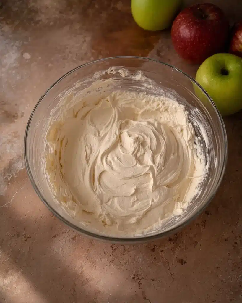 Whipped cream cheese mixture in a bowl for easy caramel apple cheesecake dip recipe