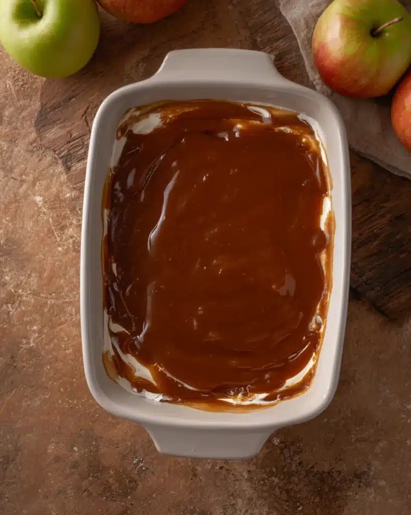 Caramel layer spread over cheesecake base for easy caramel apple cheesecake dip recipe