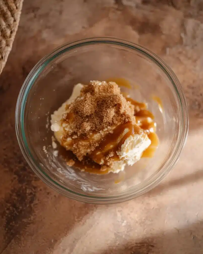 Mixing cream cheese, brown sugar, and caramel for easy caramel apple cheesecake dip recipe