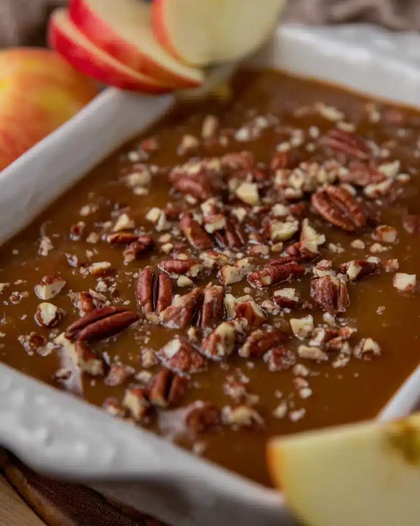 Caramel apple cheesecake dip topped with pecans in a white dish
