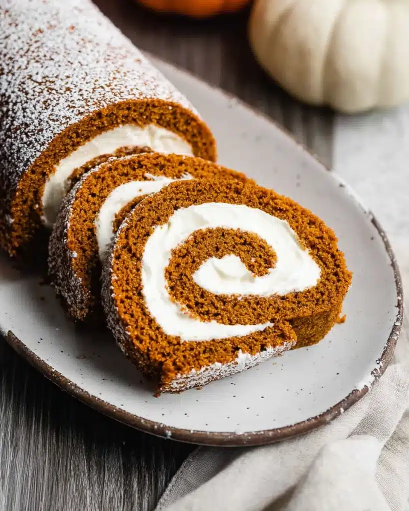Fall Pumpkin Spice Roll Cake (Perfect Thanksgiving Dessert) 1 Pumpkin spice roll cake with cream cheese filling sliced on a white platter