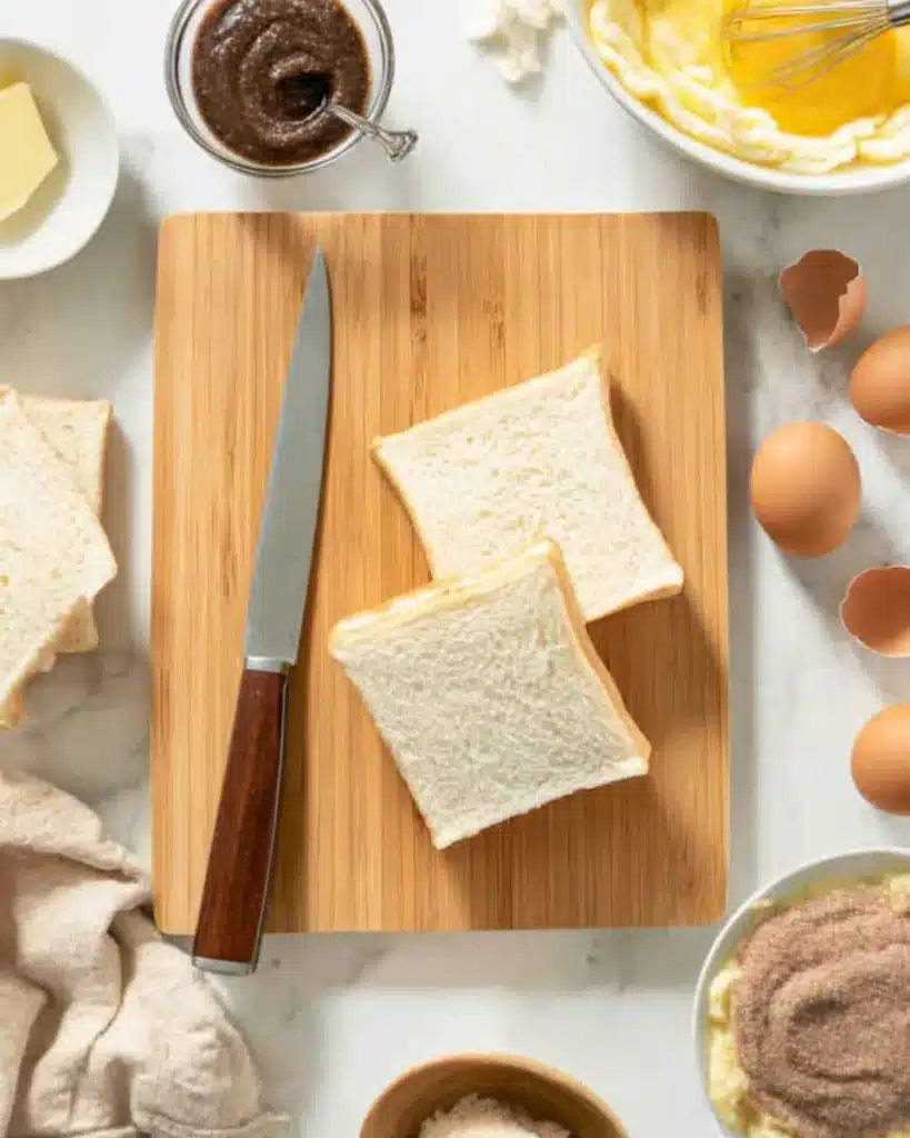 Bread slices with crusts removed on cutting board for French toast rollups