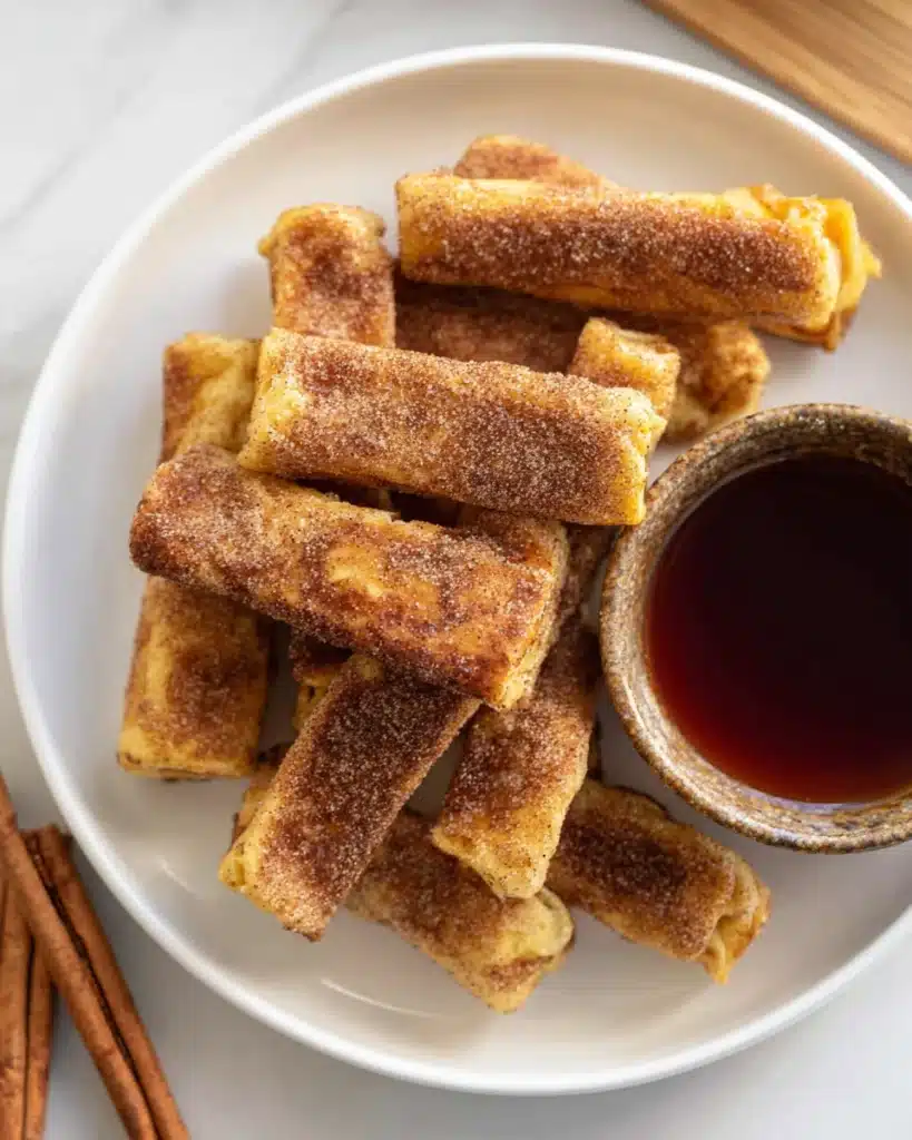 French toast rollups with cinnamon sugar and maple syrup