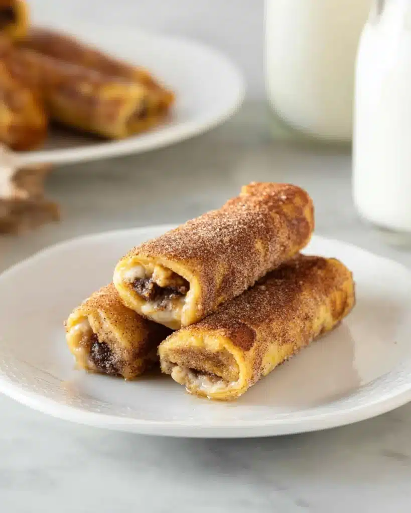 Stack of cinnamon sugar French toast rollups on a plate