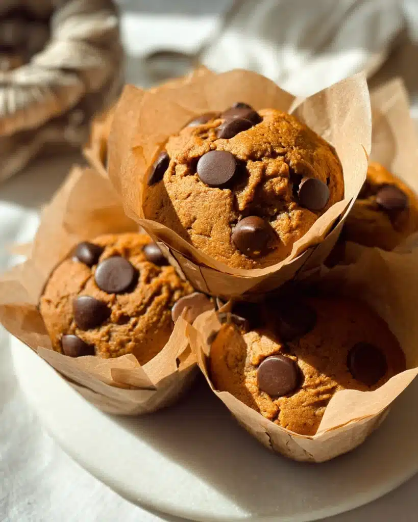 Gluten Free Pumpkin Muffins – Halloween Treat 1 Gluten free pumpkin muffins with chocolate chips in parchment liners on a plate