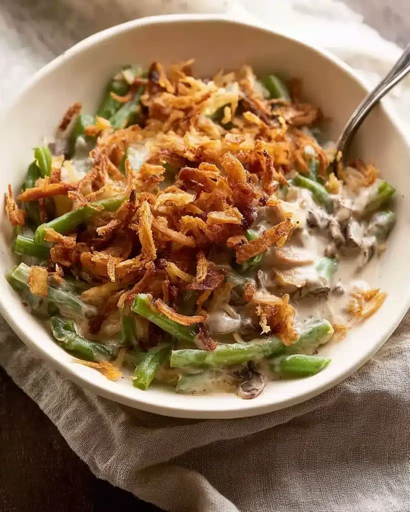Green Bean Casserole Perfection: The Ultimate Thanksgiving Side Dish 1 Green bean casserole perfection served in a bowl with crispy onions