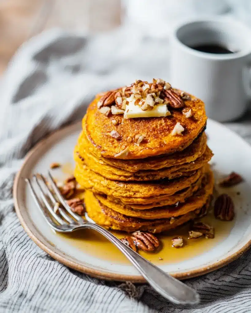 Healthy Pumpkin Pancakes 7 Stack of healthy pumpkin pancakes with butter, pecans, and syrup