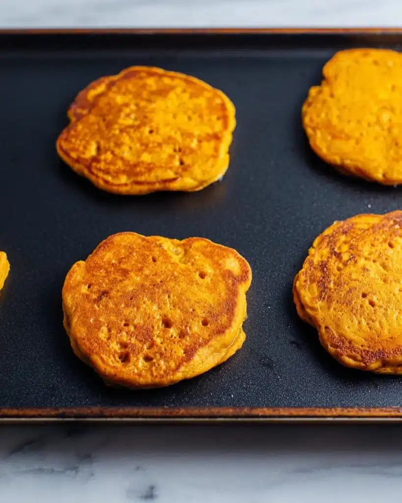 Healthy Pumpkin Pancakes 5 Pumpkin pancakes cooking on a griddle with golden edges