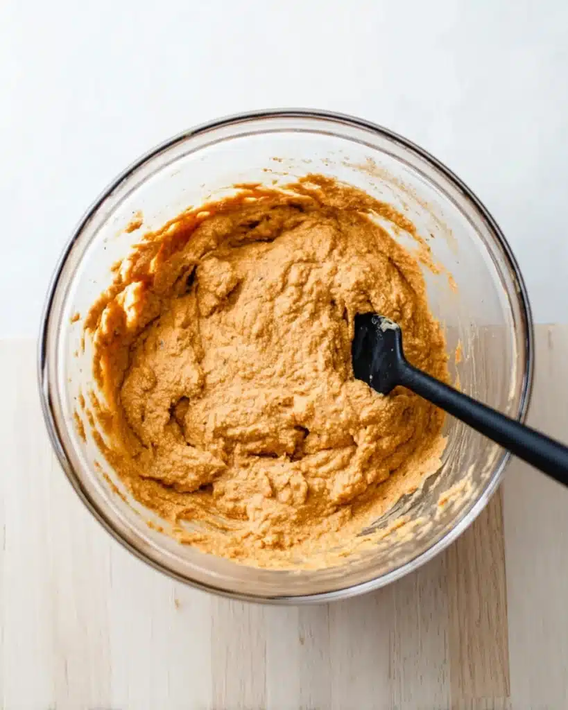 Healthy Pumpkin Pancakes 4 Pumpkin pancake batter in a glass bowl with spatula