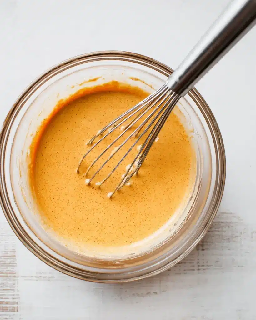 Healthy Pumpkin Pancakes 3 Pumpkin pancake batter being whisked in a glass bowl