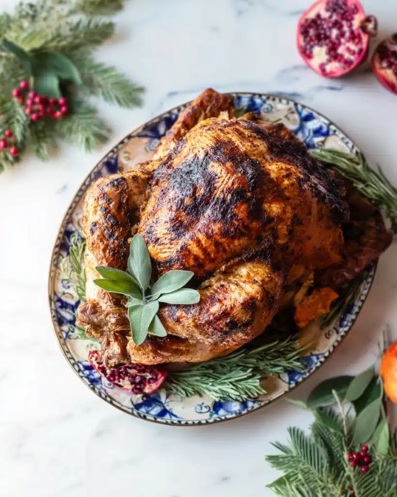 How to Grill Your Turkey on Thanksgiving for Juicy, Crispy Perfection 5 Whole grilled Thanksgiving turkey with herbs and pomegranates on serving platter