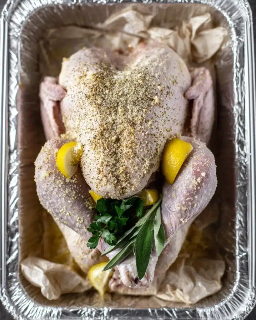 How to Grill Your Turkey on Thanksgiving for Juicy, Crispy Perfection 2 Raw turkey in foil pan with butter, herbs, and lemon for grilling on Thanksgiving
