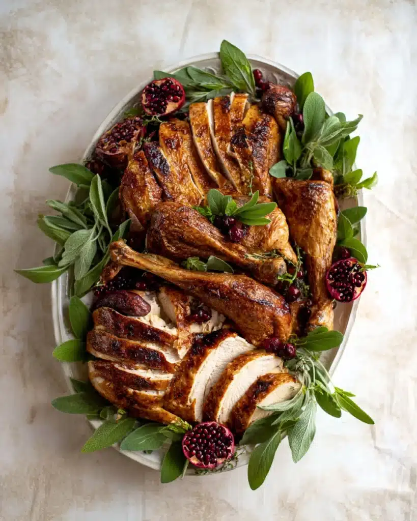 How to Grill Your Turkey on Thanksgiving for Juicy, Crispy Perfection 1 Carved grilled Thanksgiving turkey with crispy skin, sage, and pomegranate