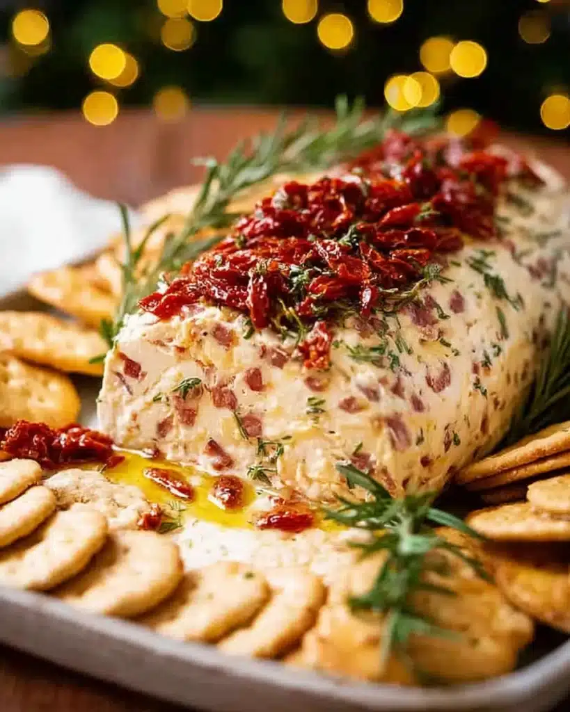 Italian Cheese Log – A Festive Christmas Appetizer 1 Festive Italian cheese log with sun-dried tomatoes and rosemary served with crackers