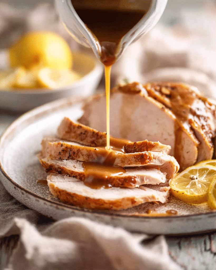 Juicy turkey breast slices with gravy poured on top